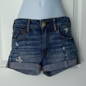 American Eagle destroyed cutoff super-stretch blue denim shorts Size 4 EUC